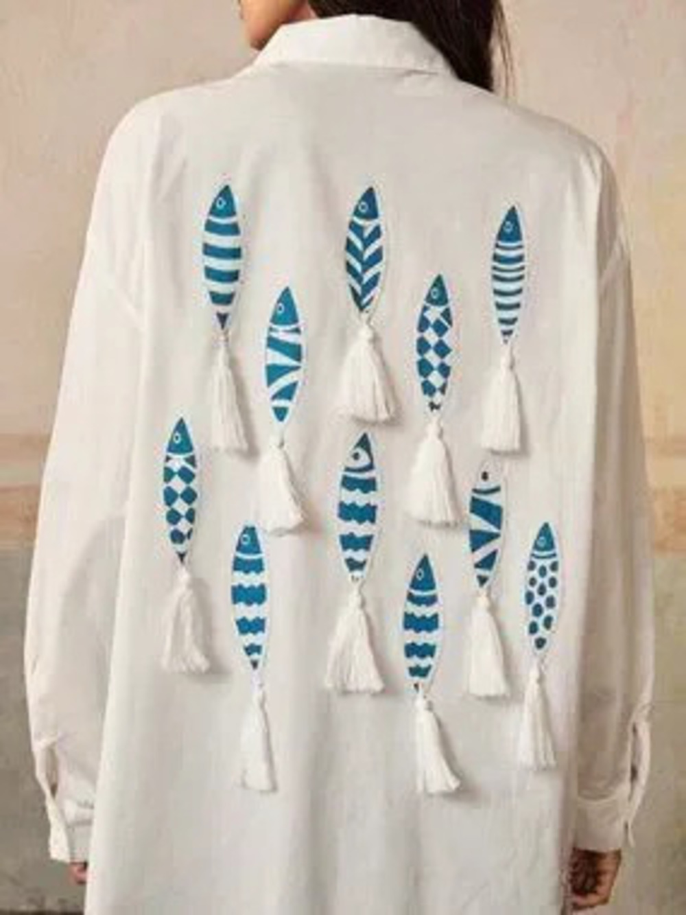 White Casual Loose Fit Long Sleeve Tassel detailed Artistic Fish Women's Blouse